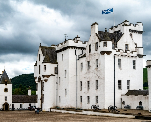 Blair Castle in Atholl, Scotland under white and gray sky